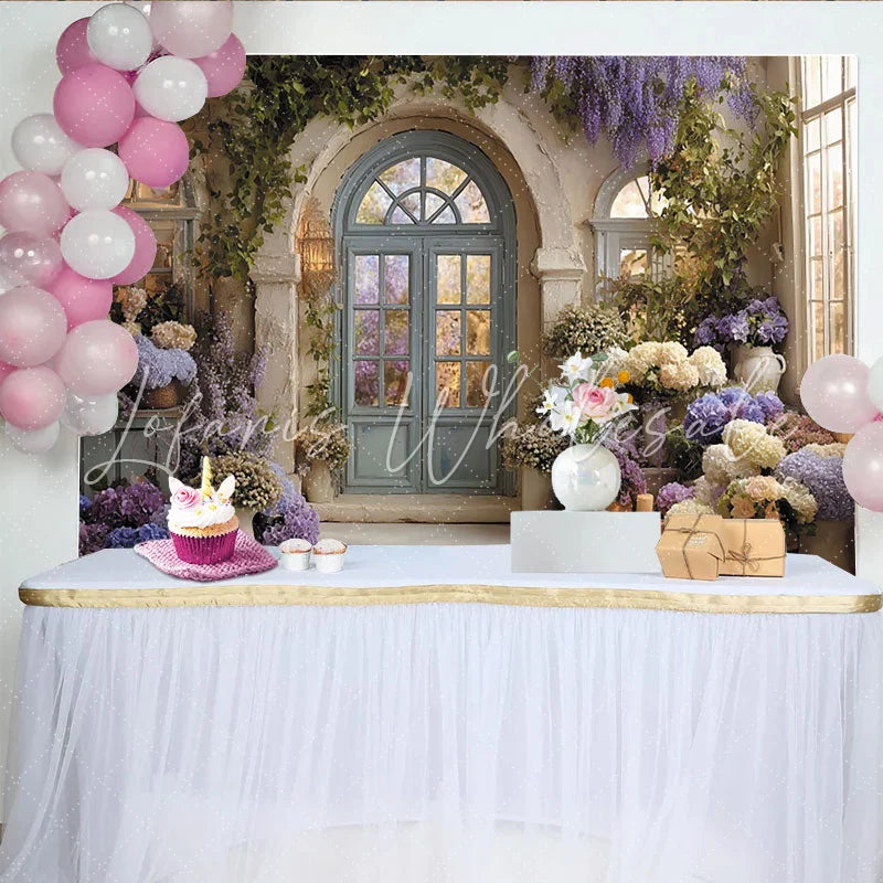Lofaris Lila Blaue Weiße Glyzinien Hortensien Blumen Ranken Garten Hintergrund Hochzeit Brautparty und Fotoshooting Fotokulisse