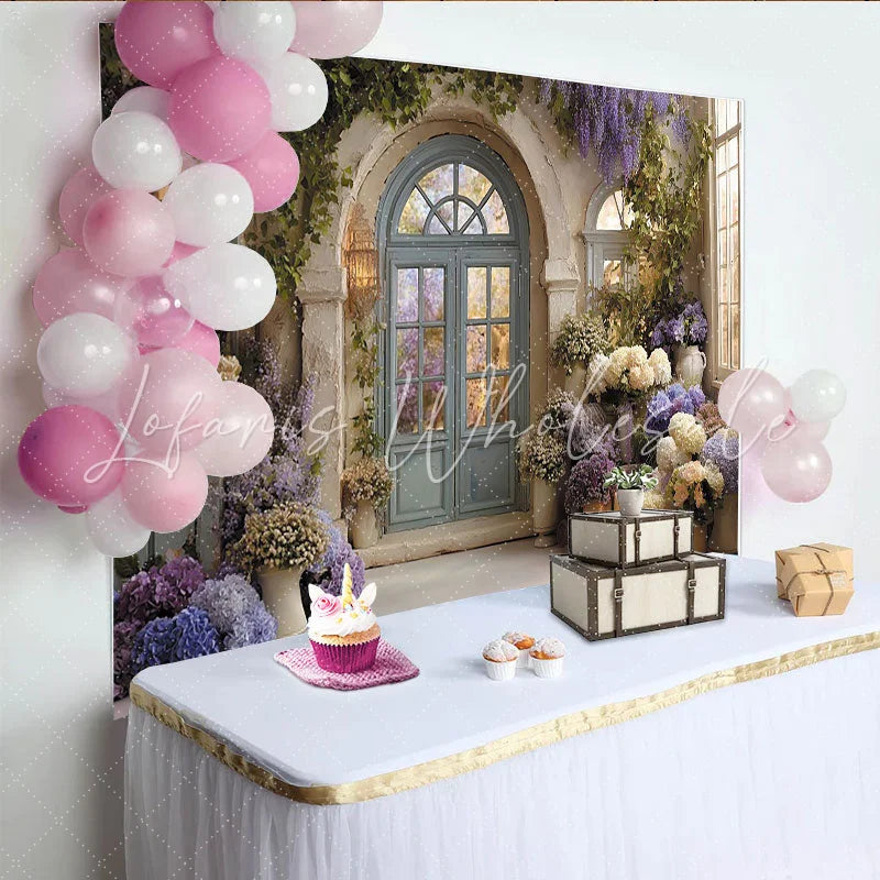 Lofaris Lila Blaue Weiße Glyzinien Hortensien Blumen Ranken Garten Hintergrund Hochzeit Brautparty und Fotoshooting Fotokulisse