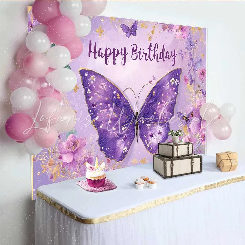 Lofaris Lilac Purple Butterfly Birthday Backdrop Floral Garden Party Background Spring Girl Bday Photo Booth Prop