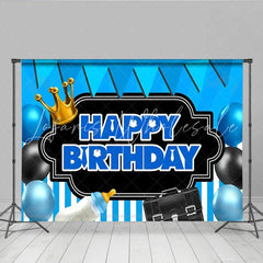 Lofaris Little Boss Man Birthday Backdrop Blue Tie and Suit Gentleman Party Decoration Black Crown Briefcase Photo Background