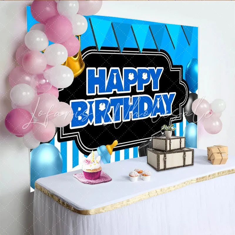 Lofaris Little Boss Man Birthday Backdrop Blue Tie and Suit Gentleman Party Decoration Black Crown Briefcase Photo Background