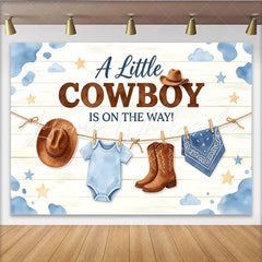 Lofaris Little Cowboy Is On The Way Baby Shower Backdrop with Boots and Hat Rustic Wood Background for Gender Reveal Party Decoration