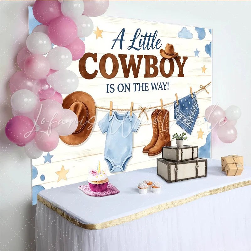 Lofaris Little Cowboy Is On The Way Baby Shower Backdrop with Boots and Hat Rustic Wood Background for Gender Reveal Party Decoration