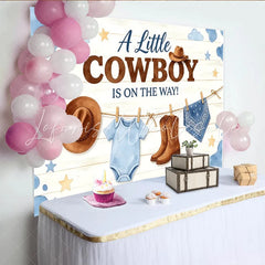Lofaris Little Cowboy Is On The Way Baby Shower Backdrop with Boots and Hat Rustic Wood Background for Gender Reveal Party Decoration