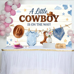 Lofaris Little Cowboy Is On The Way Baby Shower Backdrop with Boots and Hat Rustic Wood Background for Gender Reveal Party Decoration