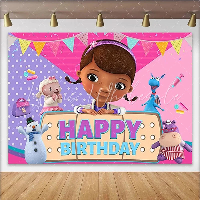 Lofaris Little Girl Doctor Happy Birthday Backdrop Pink Bandage Animal Toys Party Background