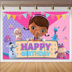 Lofaris Little Girl Doctor Happy Birthday Backdrop Pink Bandage Animal Toys Party Background
