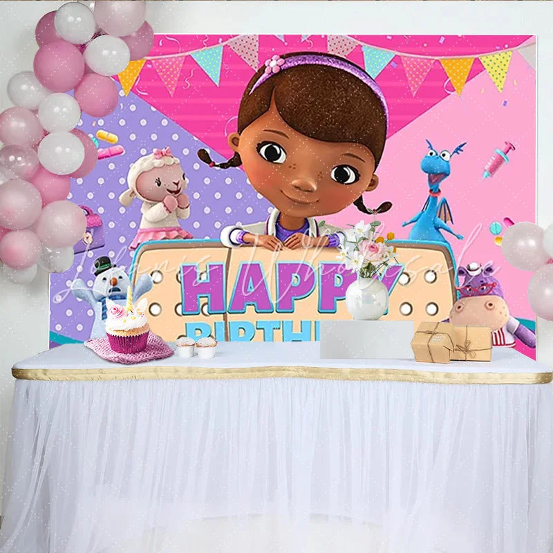 Lofaris Little Girl Doctor Happy Birthday Backdrop Pink Bandage Animal Toys Party Background