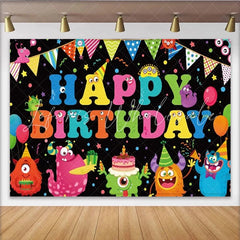 Lofaris Little Monster Birthday Backdrop Colorful Cute Monsters Black Photography Background Happy Birthday Party Cake Table Decor
