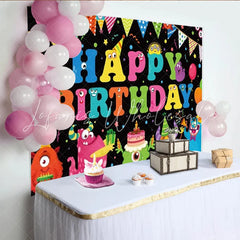 Lofaris Little Monster Birthday Backdrop Colorful Cute Monsters Black Photography Background Happy Birthday Party Cake Table Decor