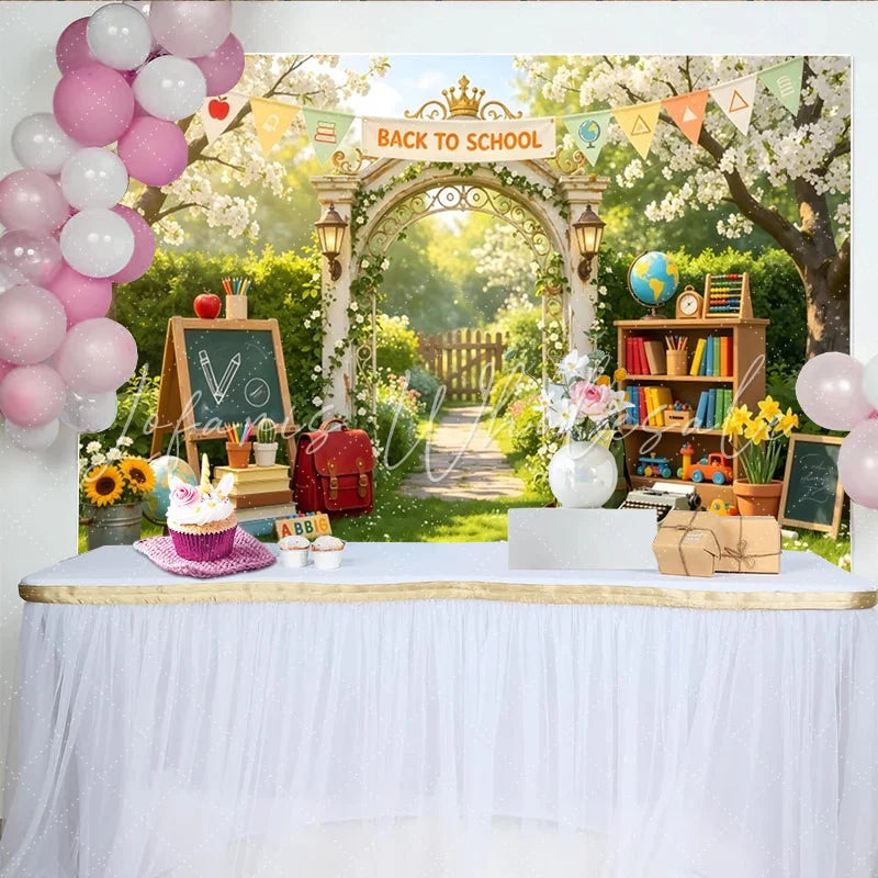 Lofaris Lush Garden Back To School Backdrop with Archway Books and Globe Educational Photography Background for Studio