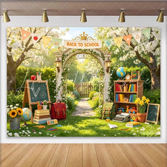 Lofaris Lush Garden Back To School Backdrop with Archway Books and Globe Educational Photography Background for Studio