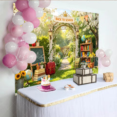 Lofaris Lush Garden Back To School Backdrop with Archway Books and Globe Educational Photography Background for Studio