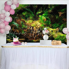 Lofaris Lush Green Forest Photography Backdrop with Mossy Logs and Ferns Natural Woodland Background for Professional Portrait