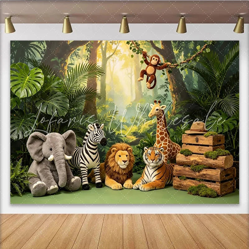 Lofaris Lush Green Jungle Animal Photography Backdrop with Safari Animals Vibrant Forest Theme Background for Kids Photoshoot