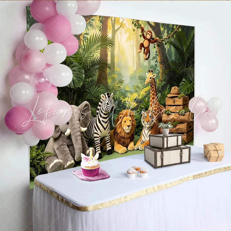 Lofaris Lush Green Jungle Animal Photography Backdrop with Safari Animals Vibrant Forest Theme Background for Kids Photoshoot