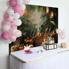 Lofaris Lush Green Jungle Birthday Cake Smash Backdrop Rustic Campfire and Warm Lanterns for Photoshoot