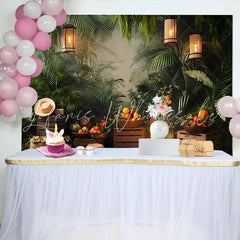 Lofaris Lush Green Jungle Birthday Cake Smash Backdrop Rustic Campfire and Warm Lanterns for Photoshoot