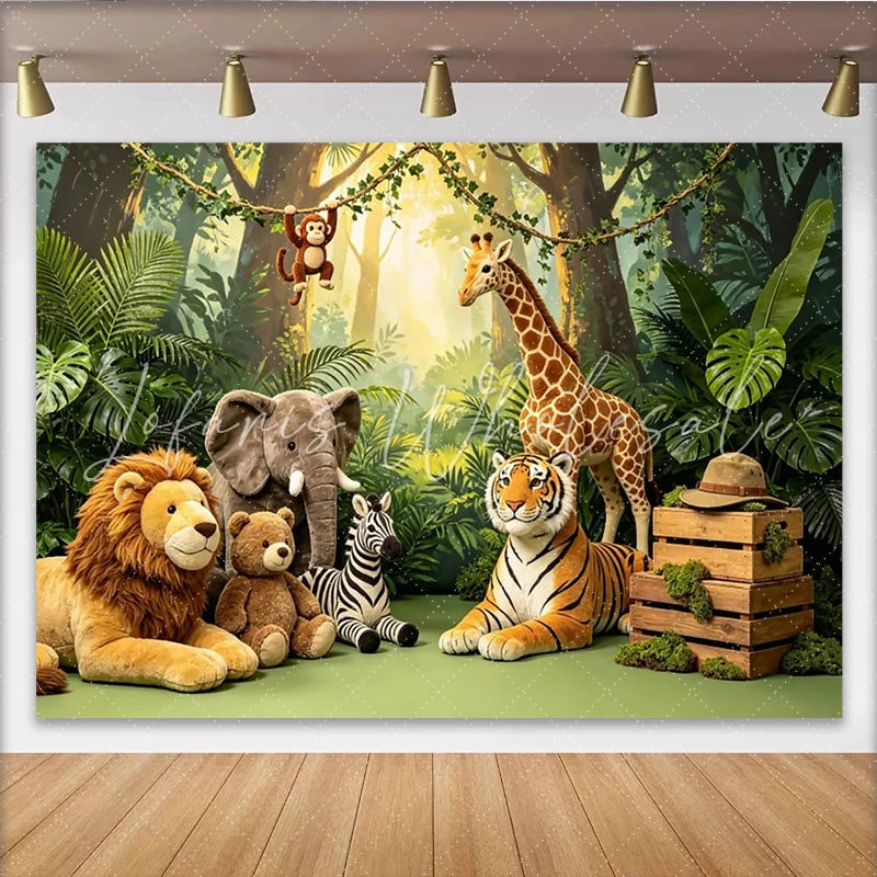 Lofaris Lush Green Jungle Safari Baby Shower Backdrop with Plush Animals Wild One Photography Background for Kids Birthday Party