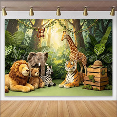 Lofaris Lush Green Jungle Safari Baby Shower Backdrop with Plush Animals Wild One Photography Background for Kids Birthday Party