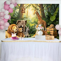 Lofaris Lush Green Jungle Safari Baby Shower Backdrop with Plush Animals Wild One Photography Background for Kids Birthday Party