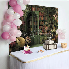 Lofaris Lush Green Library Photography Backdrop with Pink Flowers and Vintage Books Elegant Studio Background for Portrait Photoshoot