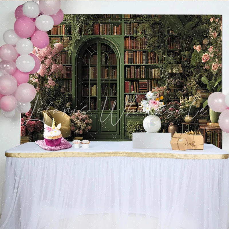 Lofaris Lush Green Library Photography Backdrop with Pink Flowers and Vintage Books Elegant Studio Background for Portrait Photoshoot