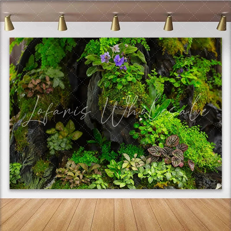 Lofaris Lush Green Moss and Plant Natural Scenery Backdrop with Purple Flowers Organic Photography Background for Studio Portrait