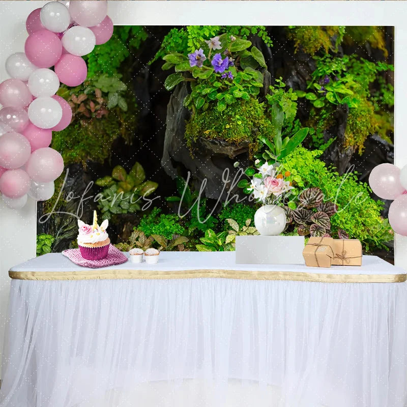 Lofaris Lush Green Moss and Plant Natural Scenery Backdrop with Purple Flowers Organic Photography Background for Studio Portrait