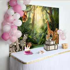 Lofaris Lush Green Safari Jungle Animal Birthday Backdrop with Cute Stuffed Creatures Wild One Party Photography Background