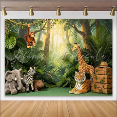 Lofaris Lush Green Safari Jungle Animal Birthday Backdrop with Cute Stuffed Creatures Wild One Party Photography Background