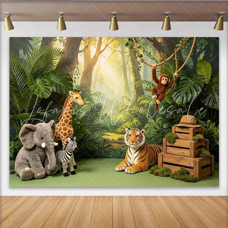 Lofaris Lush Green Safari Jungle Photography Backdrop with Wild Animals Sunlit Forest Background for Kids’ Birthday Party