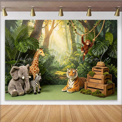 Lofaris Lush Green Safari Jungle Photography Backdrop with Wild Animals Sunlit Forest Background for Kids’ Birthday Party