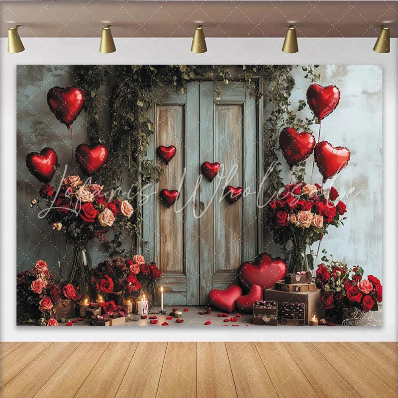 Lofaris Lush Green Vines and Rustic Door with Red Heart Balloons Roses Romantic Holiday Backdrop for Valentine’s Day.