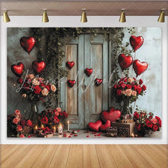 Lofaris Lush Green Vines and Rustic Door with Red Heart Balloons Roses Romantic Holiday Backdrop for Valentine’s Day.