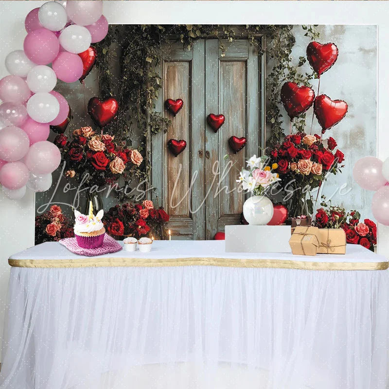 Lofaris Lush Green Vines and Rustic Door with Red Heart Balloons Roses Romantic Holiday Backdrop for Valentine’s Day.