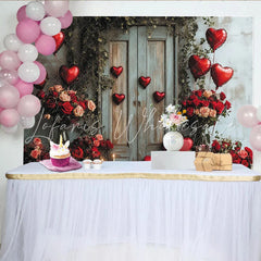 Lofaris Lush Green Vines and Rustic Door with Red Heart Balloons Roses Romantic Holiday Backdrop for Valentine’s Day.