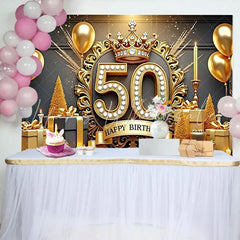 Lofaris Luxurious 50th Birthday Backdrop Golden Crown Diamonds Gifts Candles Black and Gold Party Decoration
