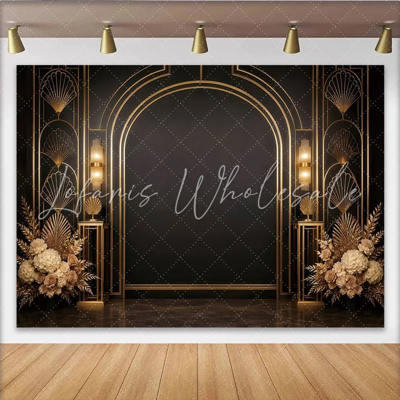 Lofaris Luxurious Black and Gold Art Deco Arch Photography Backdrop Elegant Studio Background for Professional Portrait and Event Decor