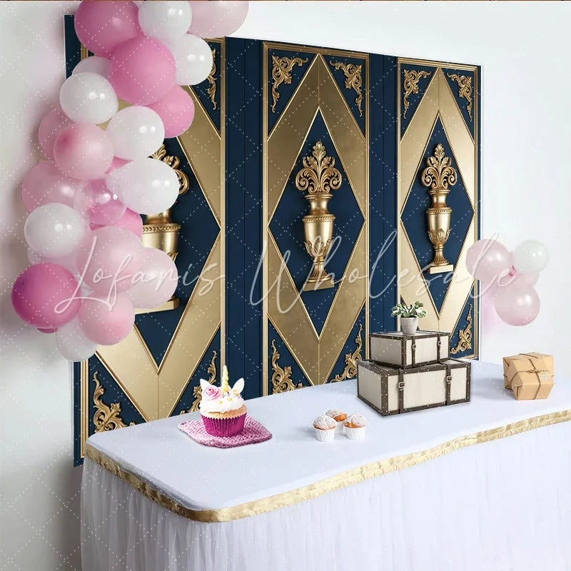 Lofaris Luxurious Blue and Gold Ornate Panel Photography Backdrop Elegant Wall Decor Background for Studio Portrait