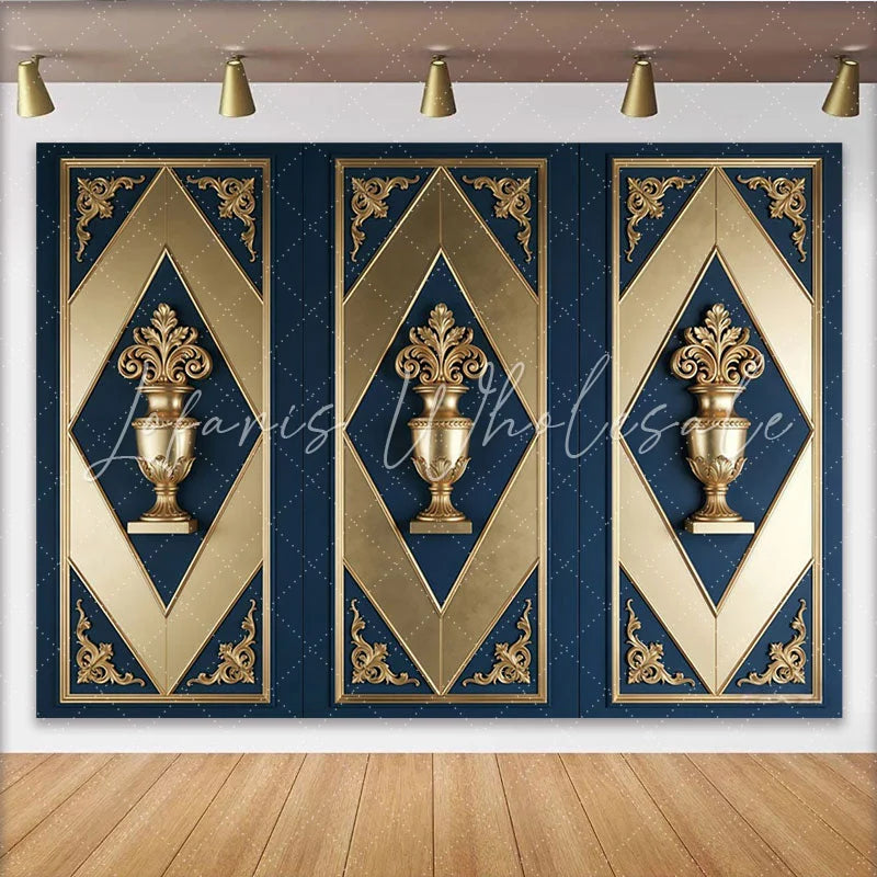 Lofaris Luxurious Blue and Gold Ornate Panel Photography Backdrop Elegant Wall Decor Background for Studio Portrait