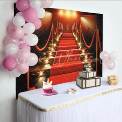 Lofaris Luxurious Red Carpet Photography Backdrop with Golden Stanchions and Velvet Ropes Grand Staircase Background for Gala Event Party