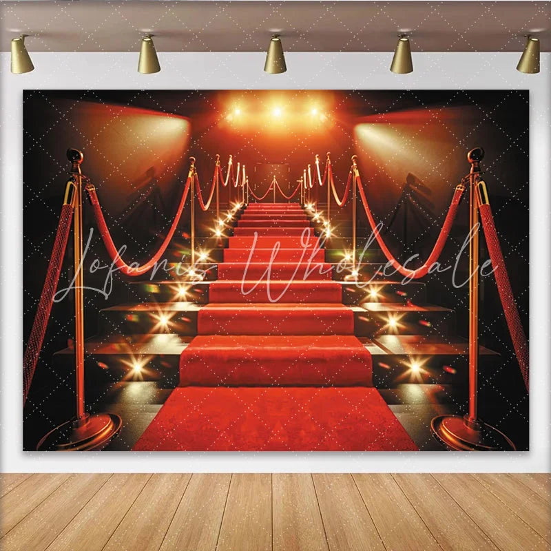 Lofaris Luxurious Red Carpet Photography Backdrop with Golden Stanchions and Velvet Ropes Grand Staircase Background for Gala Event Party