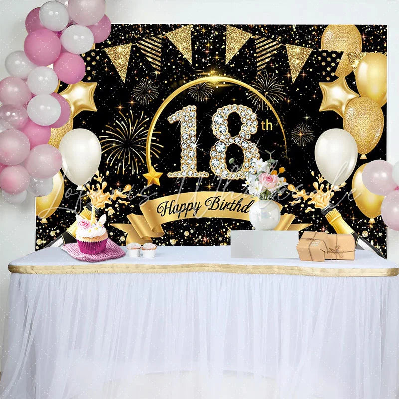Lofaris Luxury 18th Birthday Backdrop with Champagne Diamond Numbers and Gold Bunting Background Party Decor