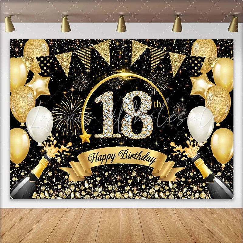 Lofaris Luxury 18th Birthday Backdrop with Champagne Diamond Numbers and Gold Bunting Background Party Decor