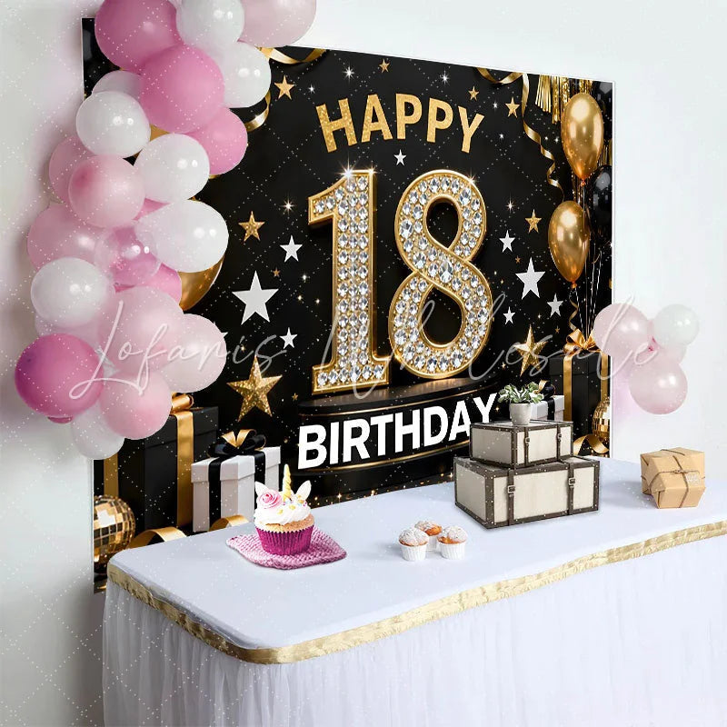 Lofaris Luxury 18th Happy Birthday Backdrop Diamond Numbers and Gold Balloons Background 18 Years Anniversary Decor