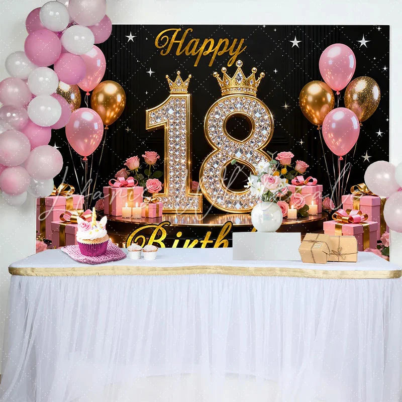 Lofaris Luxury 18th Happy Birthday Backdrop Pink and Gold Diamonds Background with Crowns and Roses for Girls