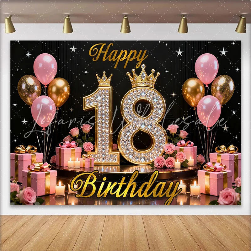 Lofaris Luxury 18th Happy Birthday Backdrop Pink and Gold Diamonds Background with Crowns and Roses for Girls