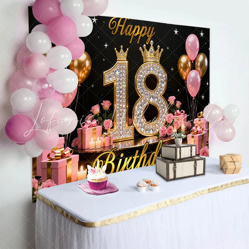 Lofaris Luxury 18th Happy Birthday Backdrop Pink and Gold Diamonds Background with Crowns and Roses for Girls