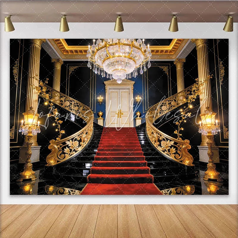 Lofaris Luxury Grand Staircase Photography Backdrop with Red Carpet and Gold Railings Elegant Royal Mansion Background for Formal Events